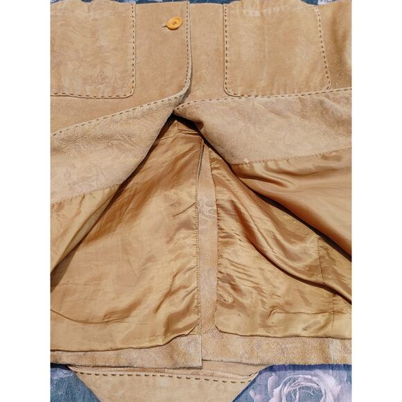 Tyler Boe Leather Trench Coat Genuine Leather Button Front Jacquard Tan Womens M - Picture 8 of 8